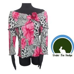 Cheetah Floral Pleated Off the Shoulder Vintage XL Top indie glam 90s